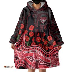Essendon Bombers ANZAC Day Wearable Blanket Hoodie Indigenous Dot Art with Poppy Flower Tribute TS04
