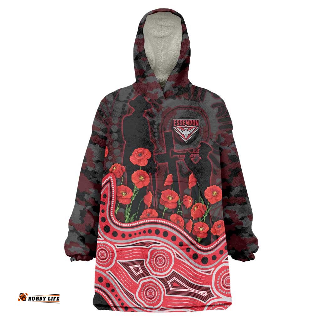 Essendon Bombers ANZAC Day Wearable Blanket Hoodie Indigenous Dot Art with Poppy Flower Tribute TS04