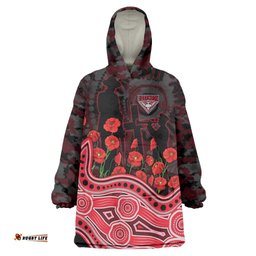 Essendon Bombers ANZAC Day Wearable Blanket Hoodie Indigenous Dot Art with Poppy Flower Tribute TS04