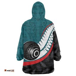 Personalised Aotearoa Lawn Bowls Wearable Blanket Hoodie Maori and Silver Fern Sporty Style Teal Color LT03