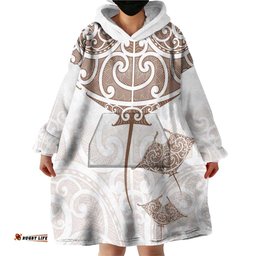 New Zealand Manta Ray Tattoo Wearable Blanket Hoodie Aotearoa Maori Haehae Beige LT14