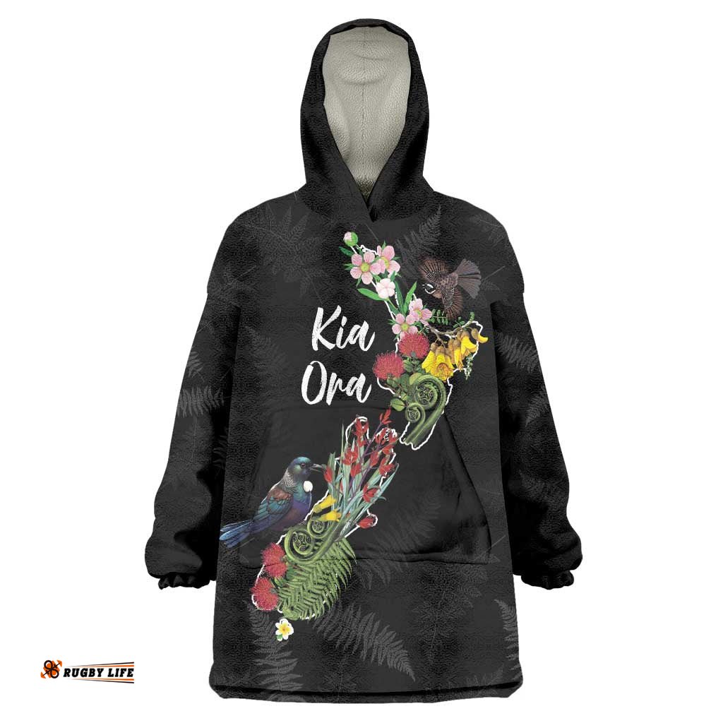 Kia Ora New Zealand Floral Personalized Wearable Blanket Hoodie Black LT7