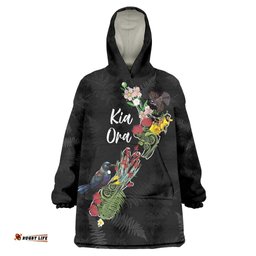 Kia Ora New Zealand Floral Personalized Wearable Blanket Hoodie Black LT7