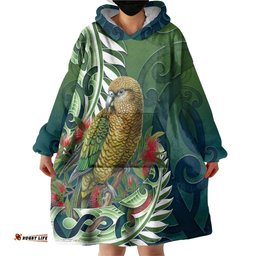 New Zealand Kea Bird Wearable Blanket Hoodie With Maori Koru Fern LT05