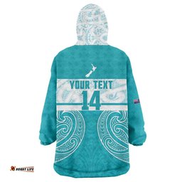 New Zealand Silver Fern Cricket Custom Wearable Blanket Hoodie Black Cap Teal Maori Pattern LT14