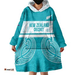 New Zealand Silver Fern Cricket Custom Wearable Blanket Hoodie Black Cap Teal Maori Pattern LT14