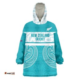 New Zealand Silver Fern Cricket Custom Wearable Blanket Hoodie Black Cap Teal Maori Pattern LT14
