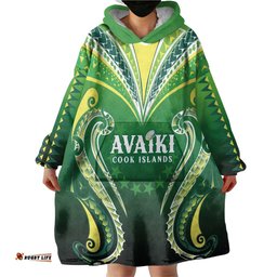 Custom Rugby Cook Islands Avaiki Wearable Blanket Hoodie Green Kuki Airani Tribal Maori Inspired LT9