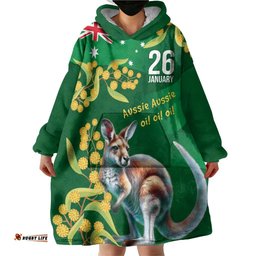 Green Kangaroo and Golden Wattle Personalised Wearable Blanket Hoodie Happy Australia Day 6 January LT9