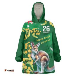 Green Kangaroo and Golden Wattle Personalised Wearable Blanket Hoodie Happy Australia Day 6 January LT9