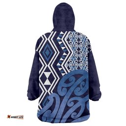 New Zealand Wearable Blanket Hoodie Aotearoa Kowhaiwhai Mix Taniko Art - Blue LT14