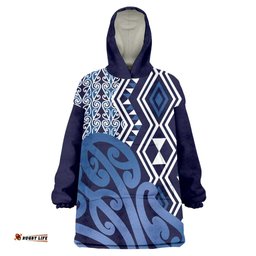 New Zealand Wearable Blanket Hoodie Aotearoa Kowhaiwhai Mix Taniko Art - Blue LT14
