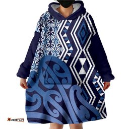 New Zealand Wearable Blanket Hoodie Aotearoa Kowhaiwhai Mix Taniko Art - Blue LT14