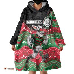 Custom Rabbitohs Wearable Blanket Hoodie Rabbit Mascot With Aboriginal Indigenous DT05