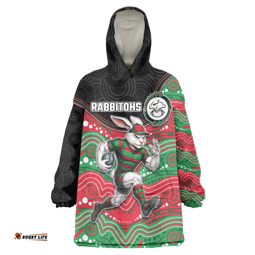 Custom Rabbitohs Wearable Blanket Hoodie Rabbit Mascot With Aboriginal Indigenous DT05