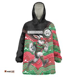 Custom Rabbitohs Wearable Blanket Hoodie Rabbit Mascot With Aboriginal Indigenous DT05