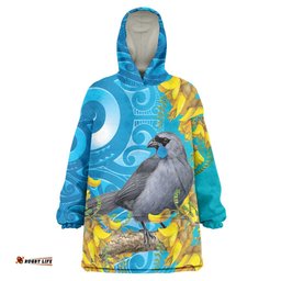 New Zealand Kokako Bird Wearable Blanket Hoodie Maori Koru With Kowhai Flowers LT05