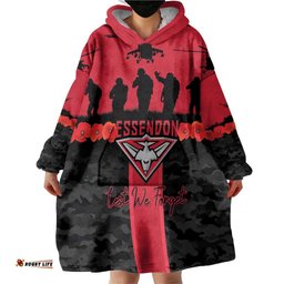 Personalised Essendon Football ANZAC Day Wearable Blanket Hoodie Bombers Poppy Lest We Forget LT14