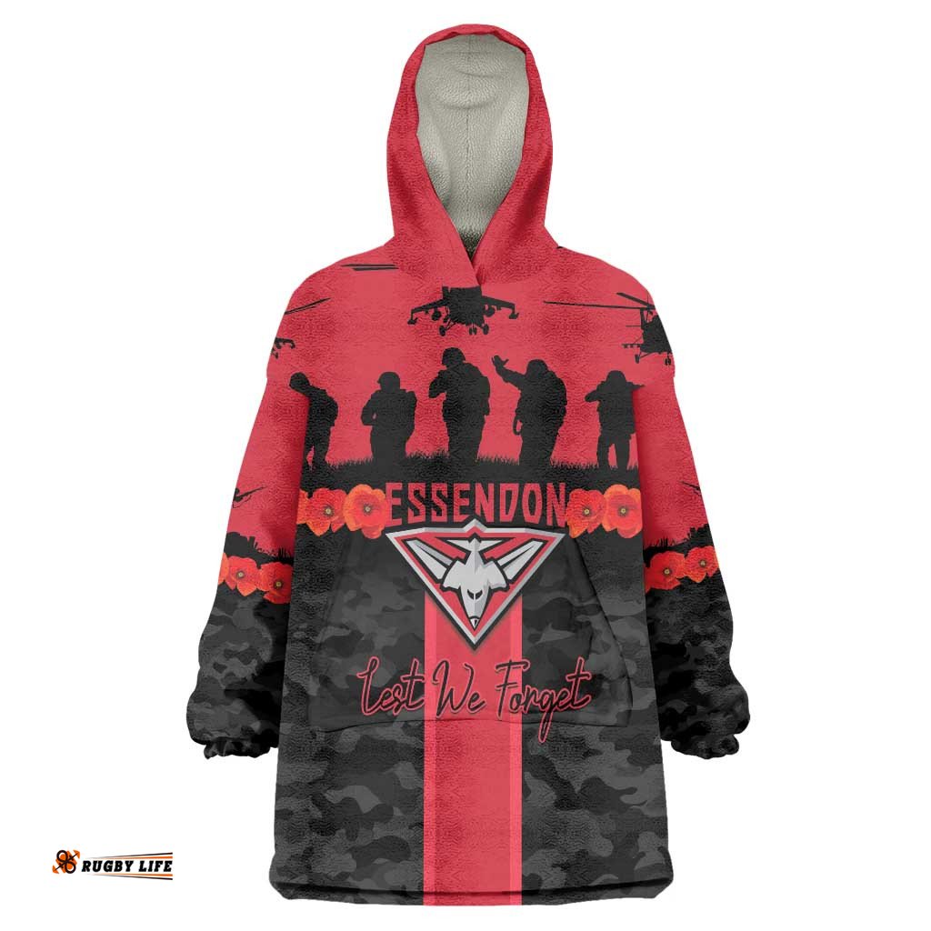 Personalised Essendon Football ANZAC Day Wearable Blanket Hoodie Bombers Poppy Lest We Forget LT14