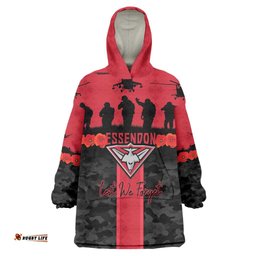 Personalised Essendon Football ANZAC Day Wearable Blanket Hoodie Bombers Poppy Lest We Forget LT14
