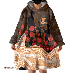 GWS Giants ANZAC Day Wearable Blanket Hoodie Indigenous Dot Art with Poppy Flower Tribute TS04