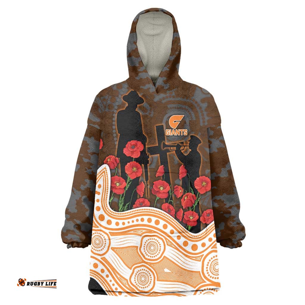 GWS Giants ANZAC Day Wearable Blanket Hoodie Indigenous Dot Art with Poppy Flower Tribute TS04