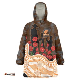 GWS Giants ANZAC Day Wearable Blanket Hoodie Indigenous Dot Art with Poppy Flower Tribute TS04