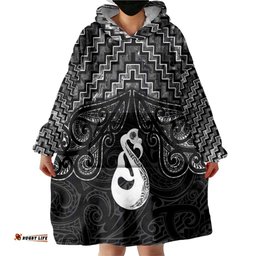 New Zealand Maori Wearable Blanket Hoodie Poutama Manaia Black Paua Shell LT05
