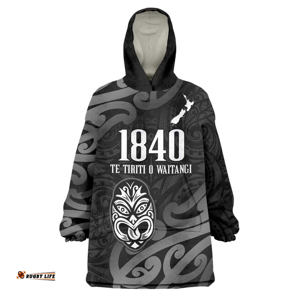New Zealand 1840 Waitangi Day Wearable Blanket Hoodie Aotearoa Haka Mask - Black Version LT14