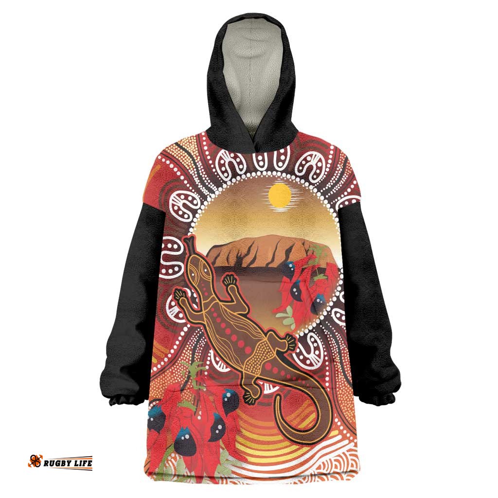 Indigenous Goanna Australia Wearable Blanket Hoodie Aussie Uluru Ayers Rock Sturt's Desert Pea LT14