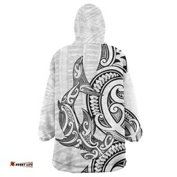 New Zealand Hammerhead Shark Wearable Blanket Hoodie Maori Haehae Mangopare White LT14