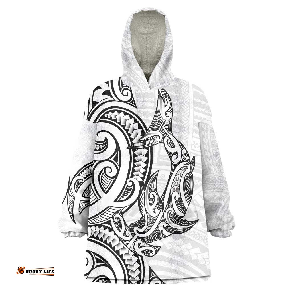 New Zealand Hammerhead Shark Wearable Blanket Hoodie Maori Haehae Mangopare White LT14