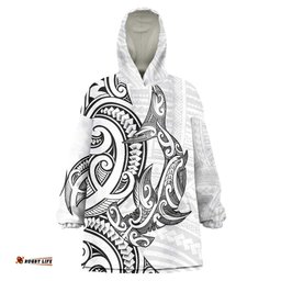 New Zealand Hammerhead Shark Wearable Blanket Hoodie Maori Haehae Mangopare White LT14