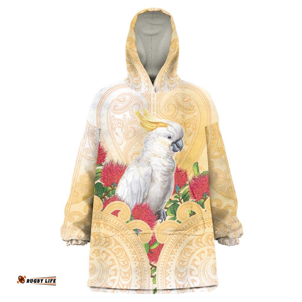 New Zealand Aotearoa Cockatoo Wearable Blanket Hoodie Maori Pattern With Pohutukawa Flowers LT05