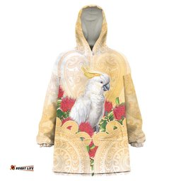 New Zealand Aotearoa Cockatoo Wearable Blanket Hoodie Maori Pattern With Pohutukawa Flowers LT05