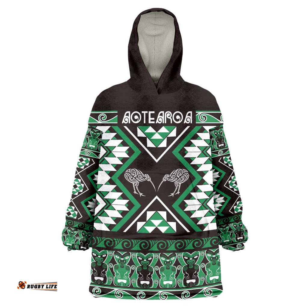 Personalised Taniko Motifs Aotearoa Wearable Blanket Hoodie Waitangi Kowhaiwhai Kiwi - Green LT7
