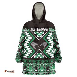 Personalised Taniko Motifs Aotearoa Wearable Blanket Hoodie Waitangi Kowhaiwhai Kiwi - Green LT7