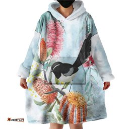 Willie wagtail Australia Wearable Blanket Hoodie Banksia Bottlebrushes Watercolor Stylized LT14