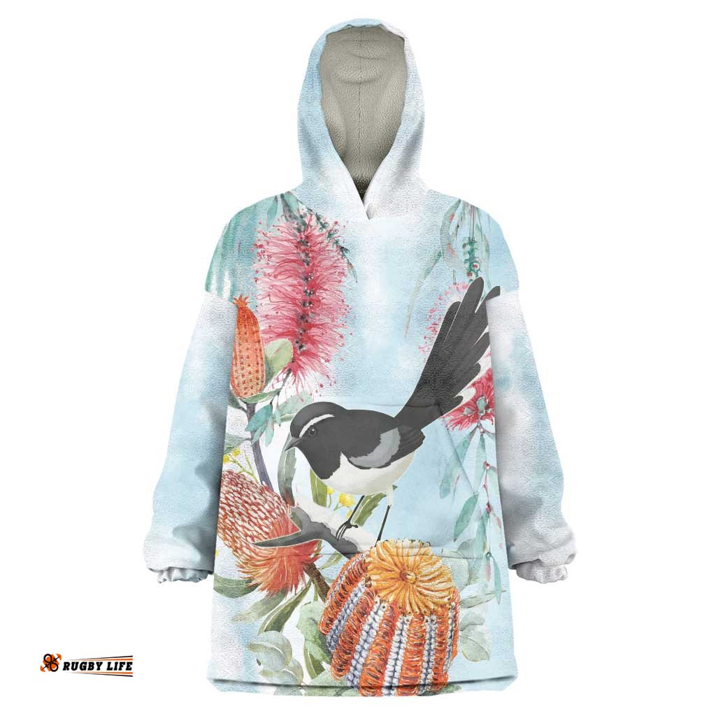Willie wagtail Australia Wearable Blanket Hoodie Banksia Bottlebrushes Watercolor Stylized LT14