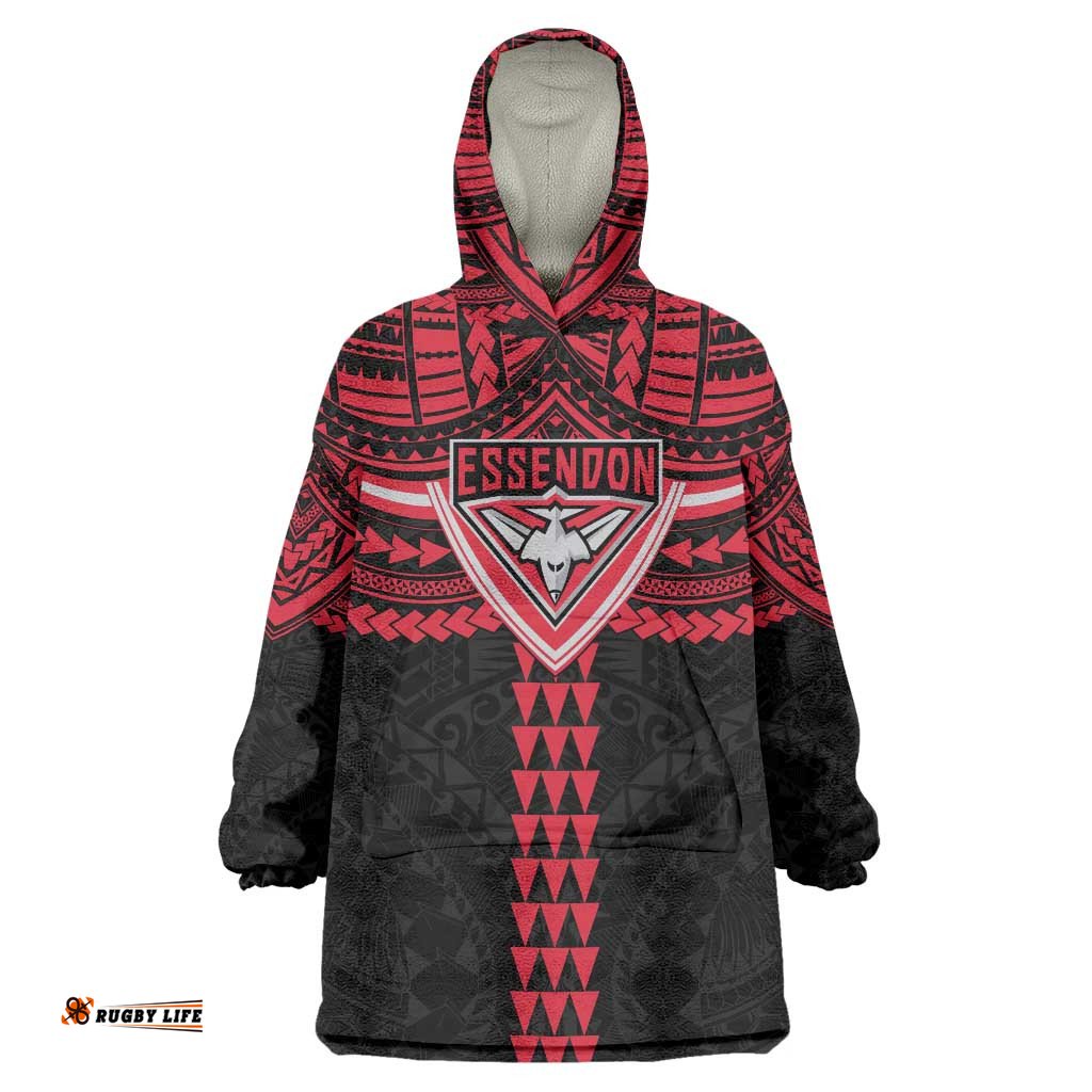 Personalized Essendon Bombers Wearable Blanket Hoodie Polynesian Tribal Pattern Heritage Football TS04