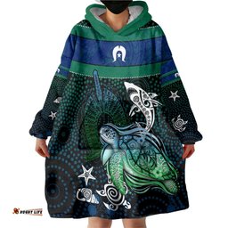 Torres Strait Islands Sea Turtle and Dhari Wearable Blanket Hoodie Oceanic Indigenous Dotwork Tribal Illustration TS04