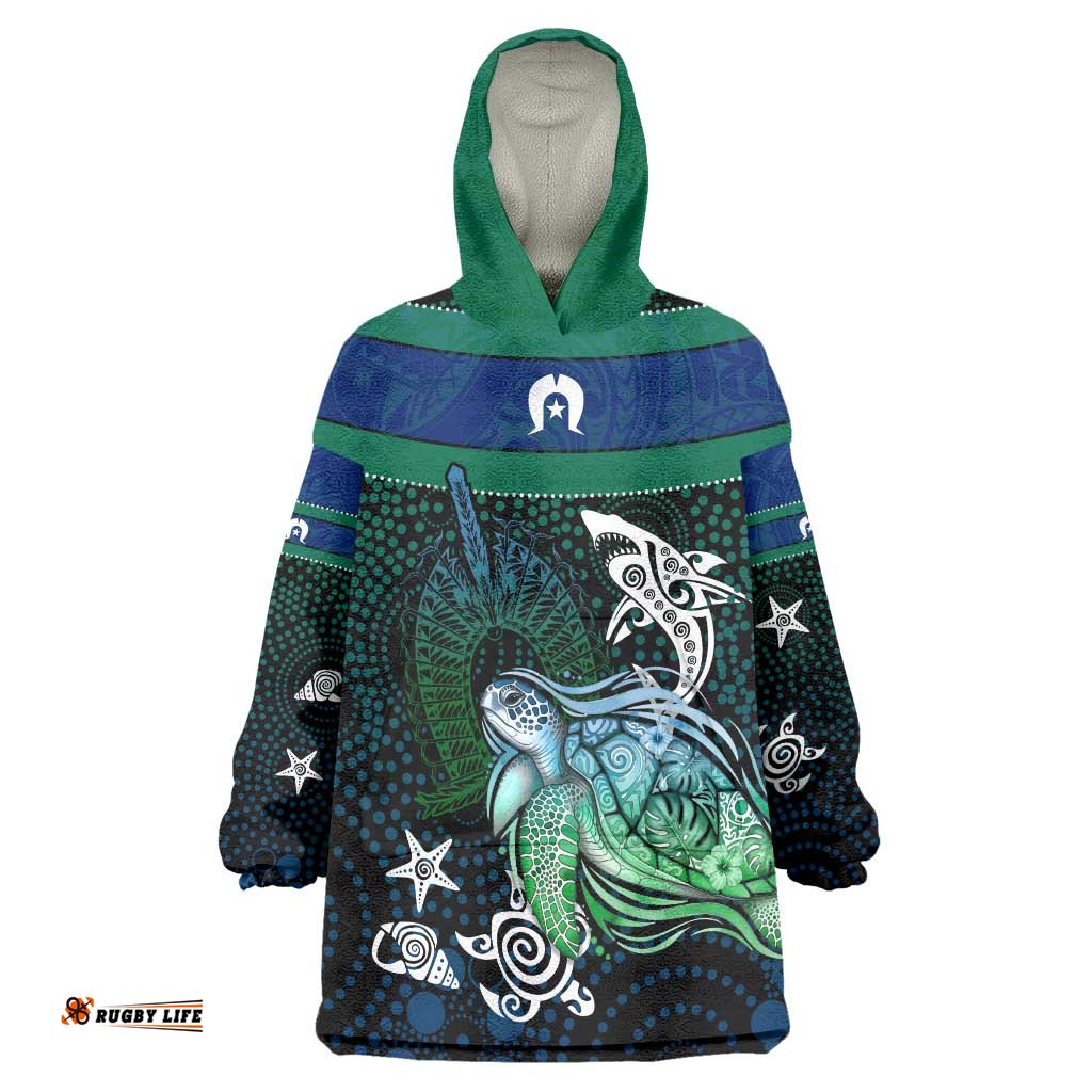 Torres Strait Islands Sea Turtle and Dhari Wearable Blanket Hoodie Oceanic Indigenous Dotwork Tribal Illustration TS04