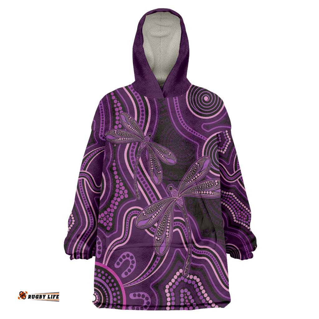 Purple Indigenous Dragonfly Australia Wearable Blanket Hoodie Aboriginal Art LT14