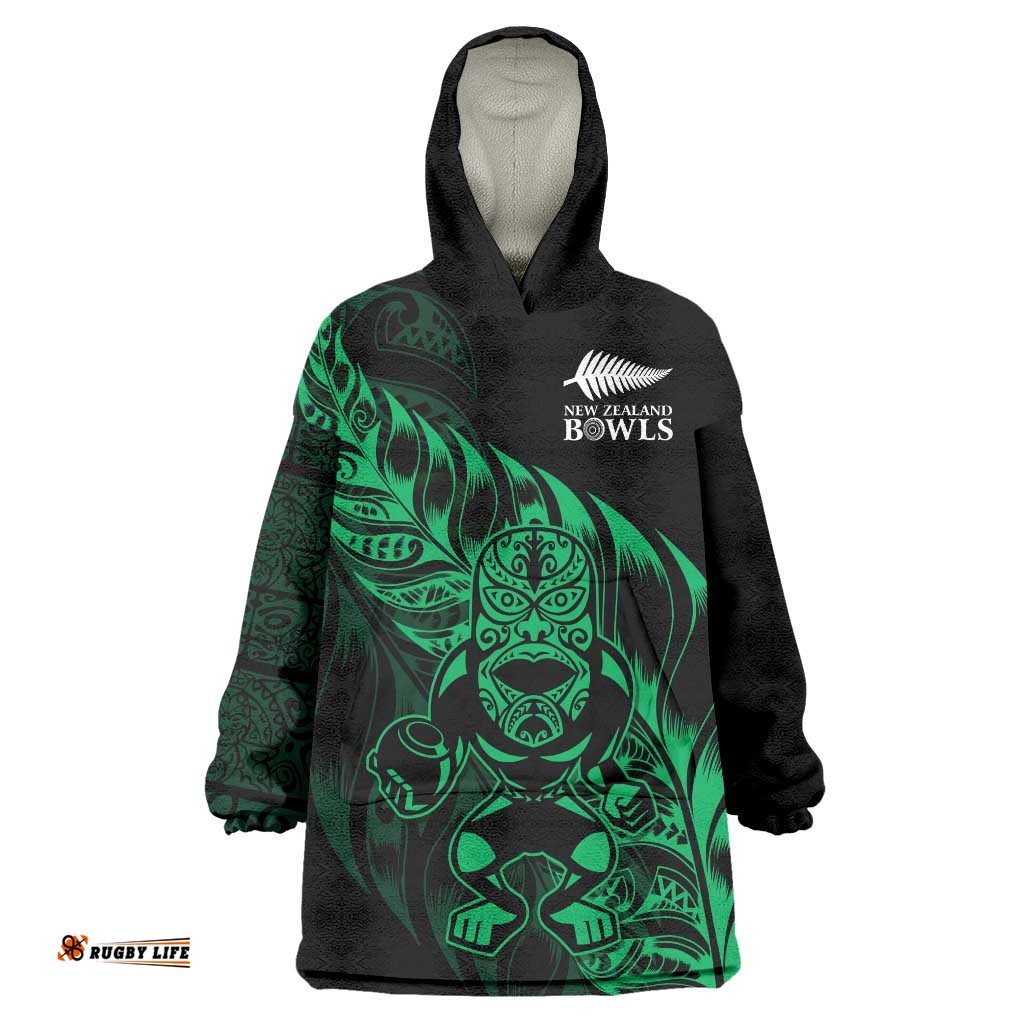 New Zealand Lawn Bowls Custom Wearable Blanket Hoodie Green Maori Warrior Tribal Silver Fern LT9