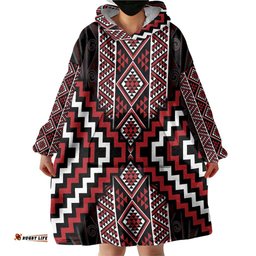 Red Tukutuku Pattern Aotearoa Wearable Blanket Hoodie Niho Taniwha and Puhoro Motifs LT7