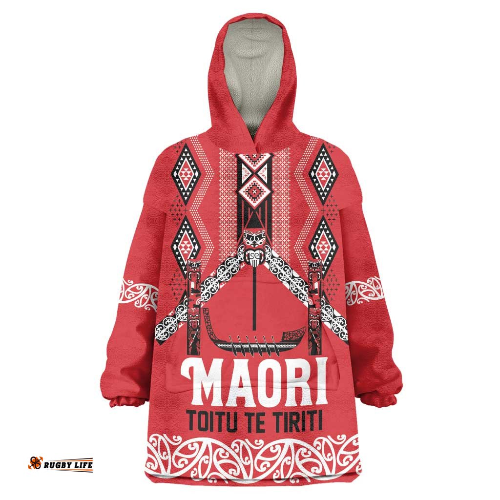 Toitu Te Tiriti Waitangi Wearable Blanket Hoodie Red Wharenui House LT9