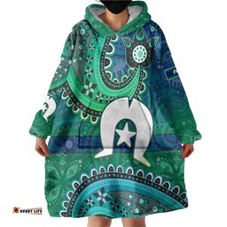 Torres Strait Islands Wearable Blanket Hoodie Dhari Emblem Vibrant Teal Indigenous TS04