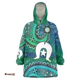 Torres Strait Islands Wearable Blanket Hoodie Dhari Emblem Vibrant Teal Indigenous TS04