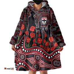 St Kilda Saints ANZAC Day Wearable Blanket Hoodie Indigenous Dot Art with Poppy Flower Tribute TS04