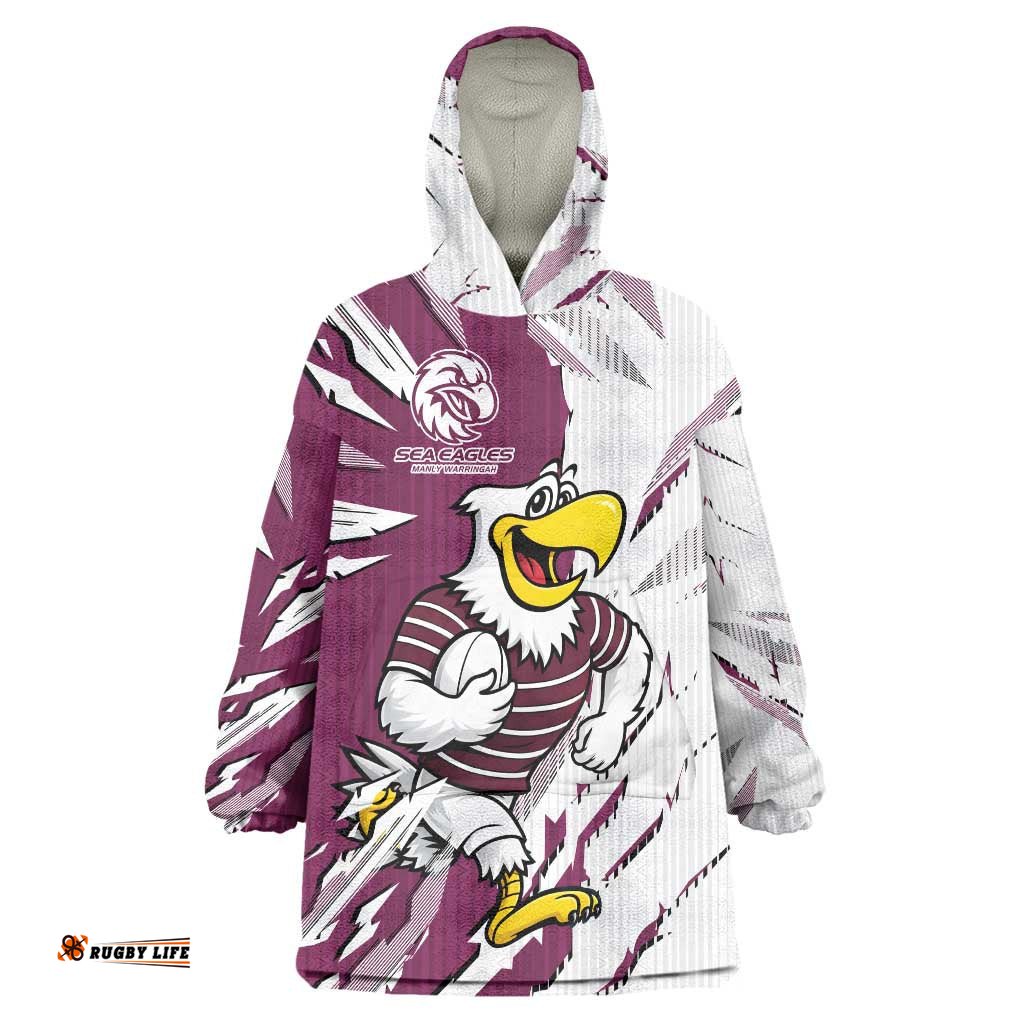 Personalized Manly Warringah Sea Eagles Wearable Blanket Hoodie Dynamic Lightning Mascot Rugby Australia TS04